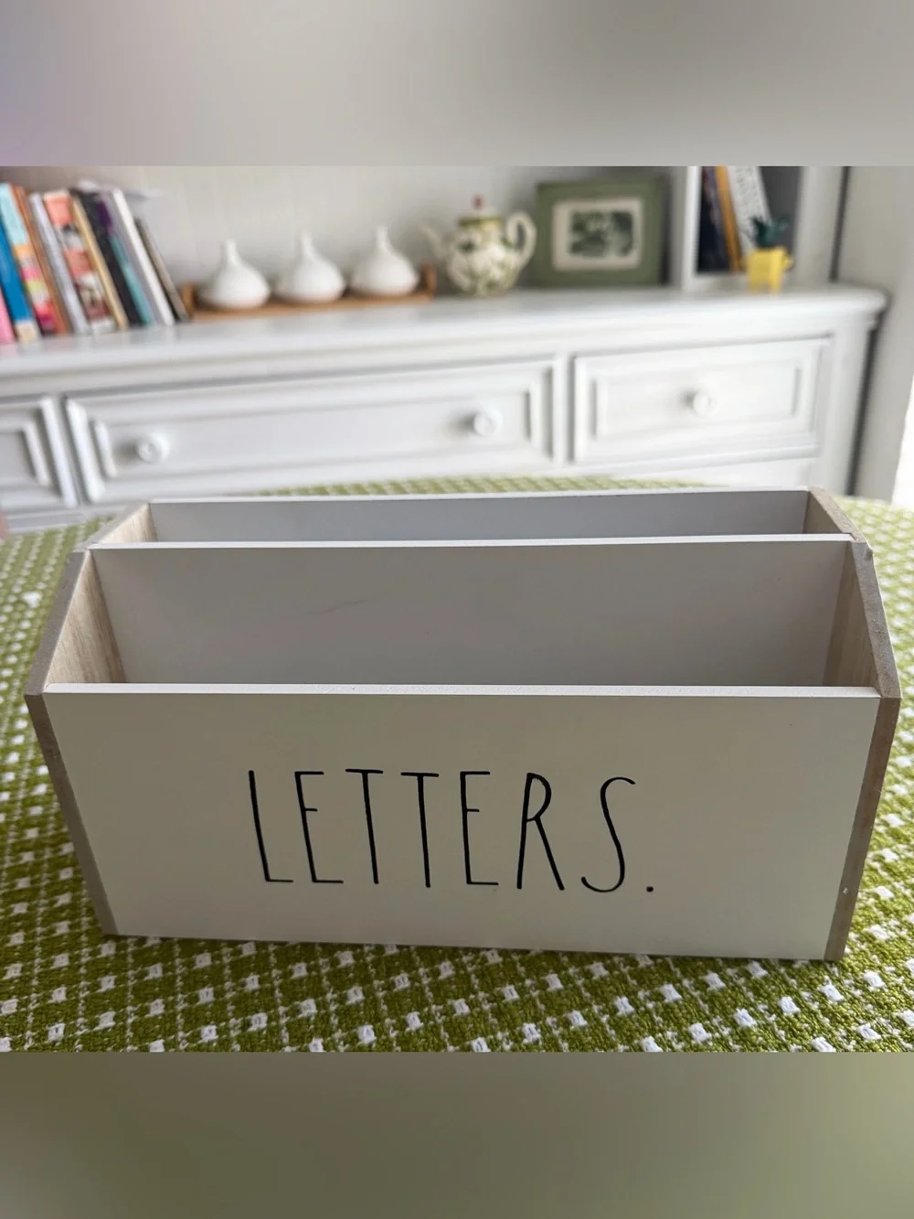 Rae Dunn White Wooden Mail Sorter with 'LETTERS' printed on front